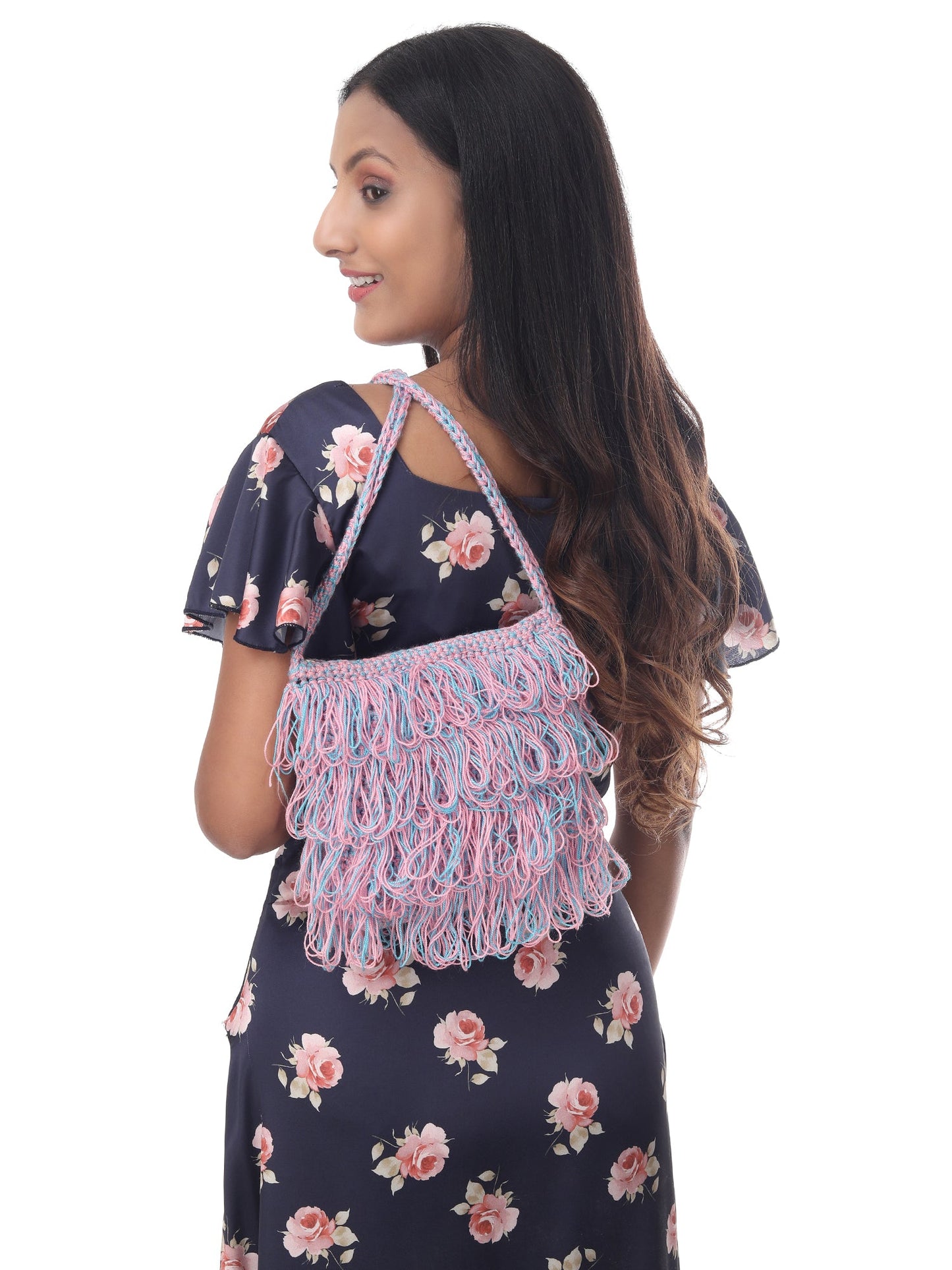 Chic Pink-Blue Frilled Crochet Satchel Happy Cultures