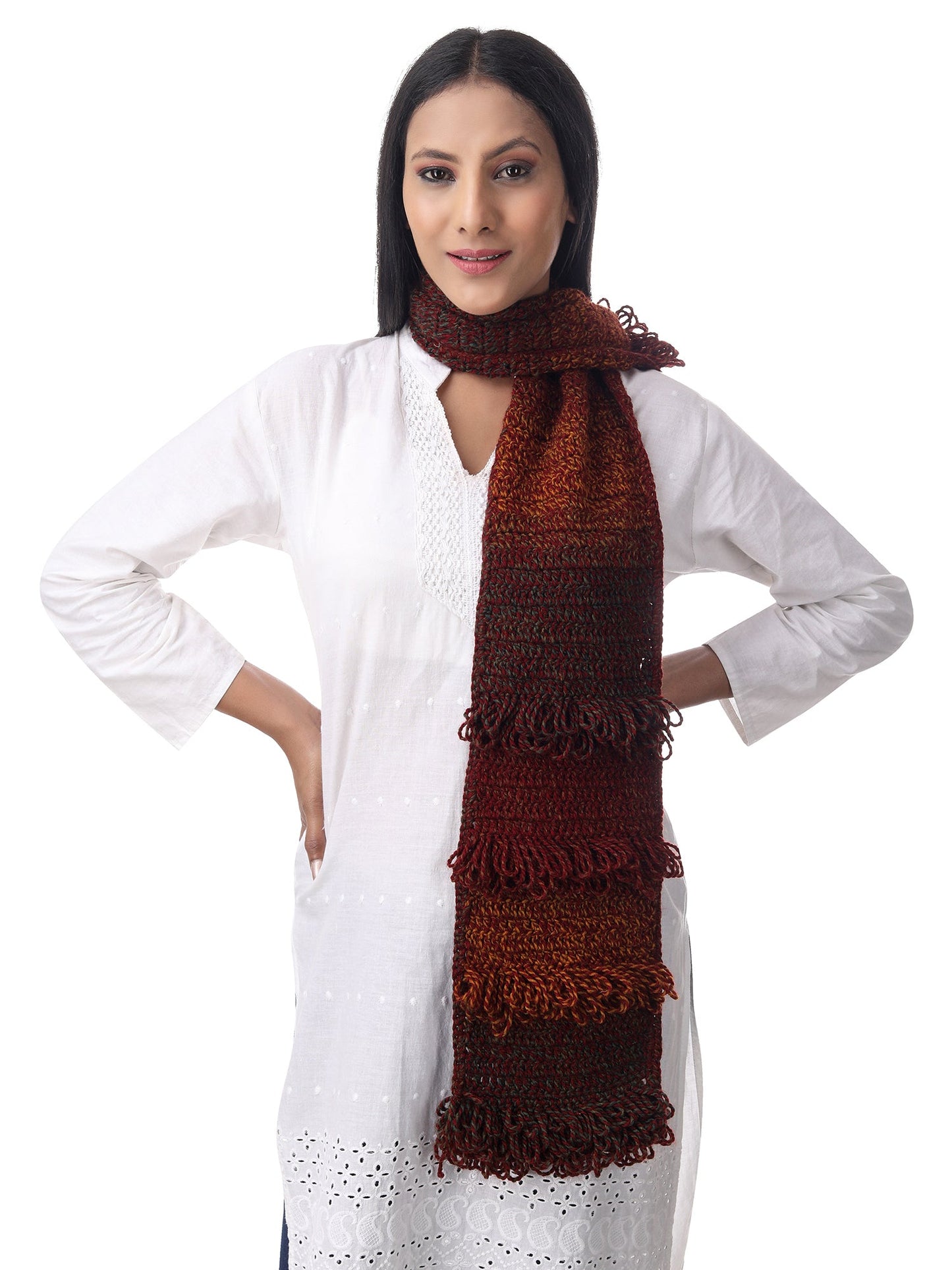 Cozy Mahogany Crochet Frilled Scarf Happy Cultures