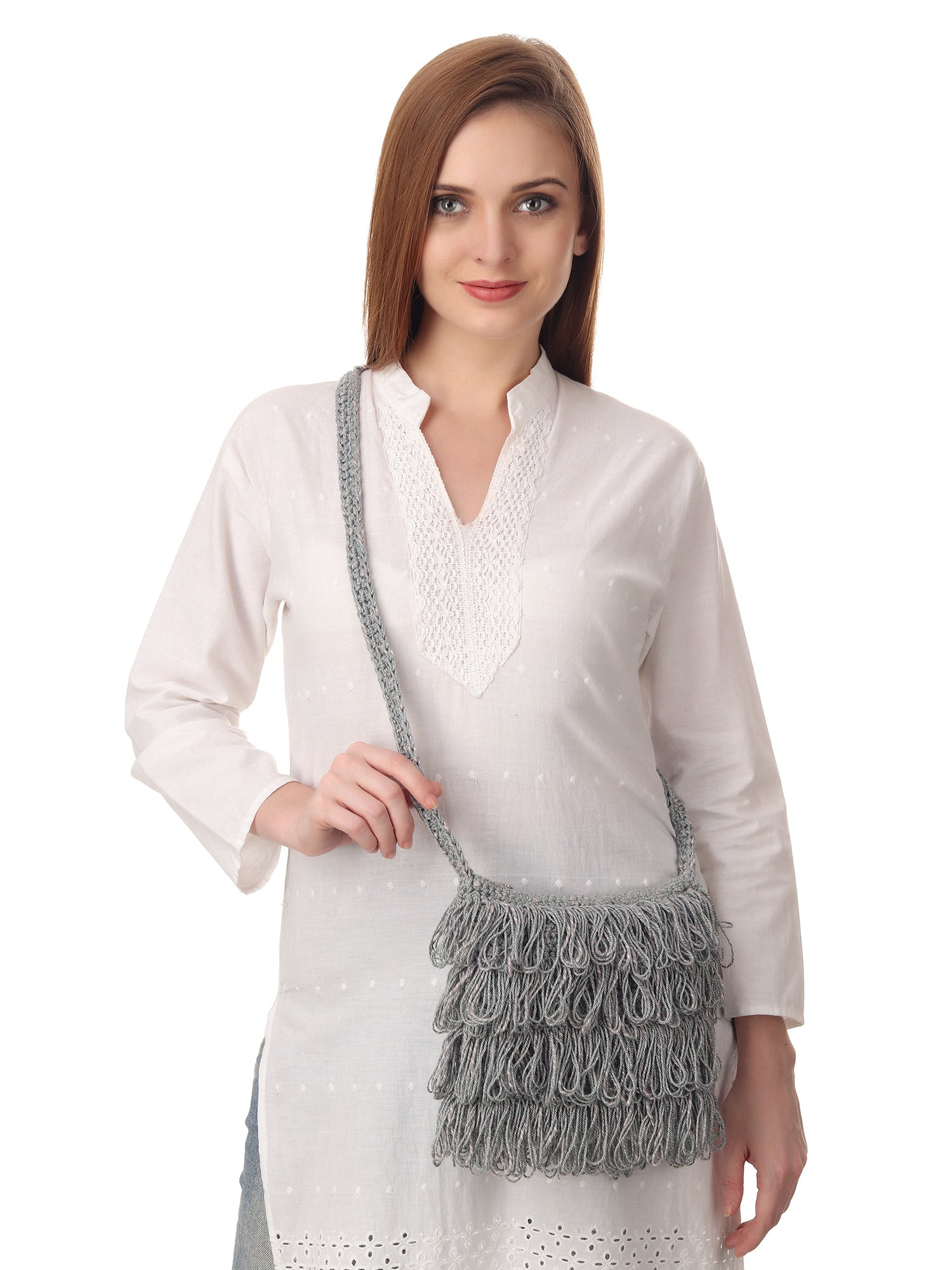 Gray Frilled Crochet Satchel Happy Cultures