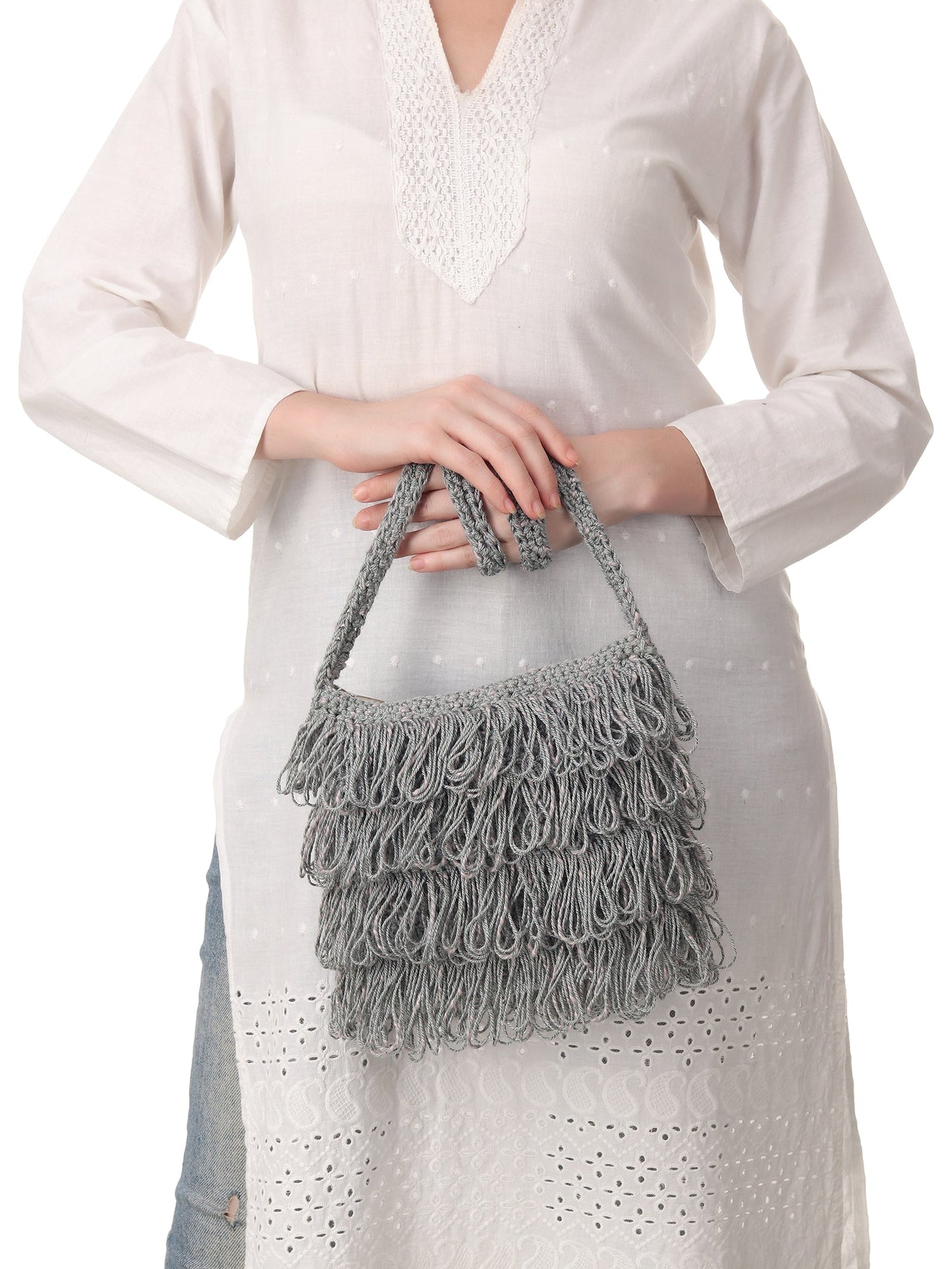 Gray Frilled Crochet Satchel Happy Cultures
