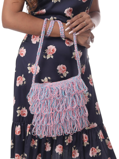 Chic Pink-Blue Frilled Crochet Satchel Happy Cultures