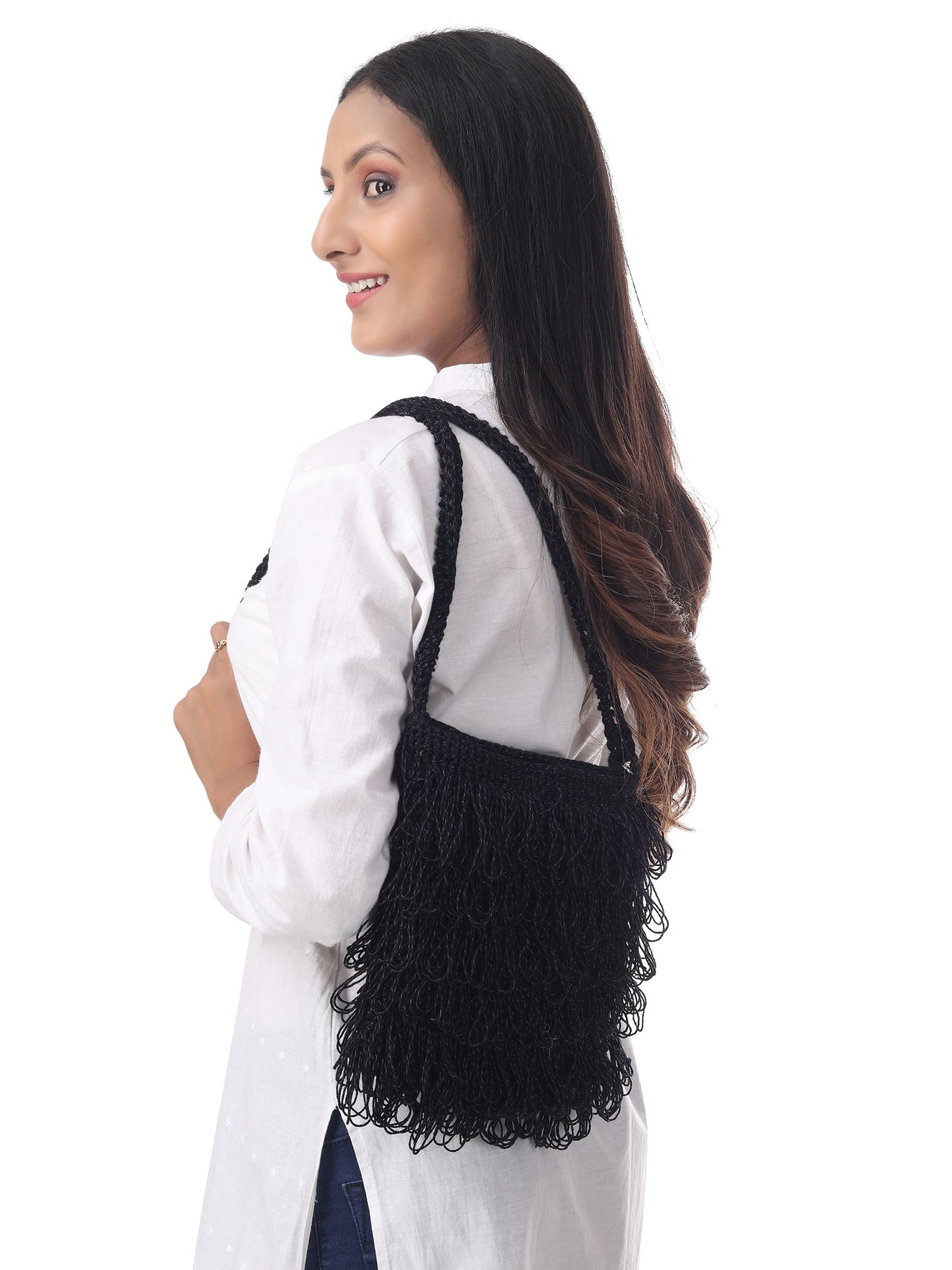 Midnight Black Frilled Crochet Satchel Happy Cultures