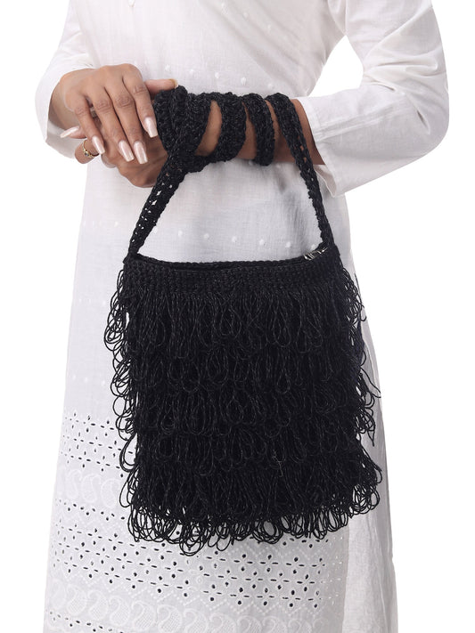 Midnight Black Frilled Crochet Satchel Happy Cultures