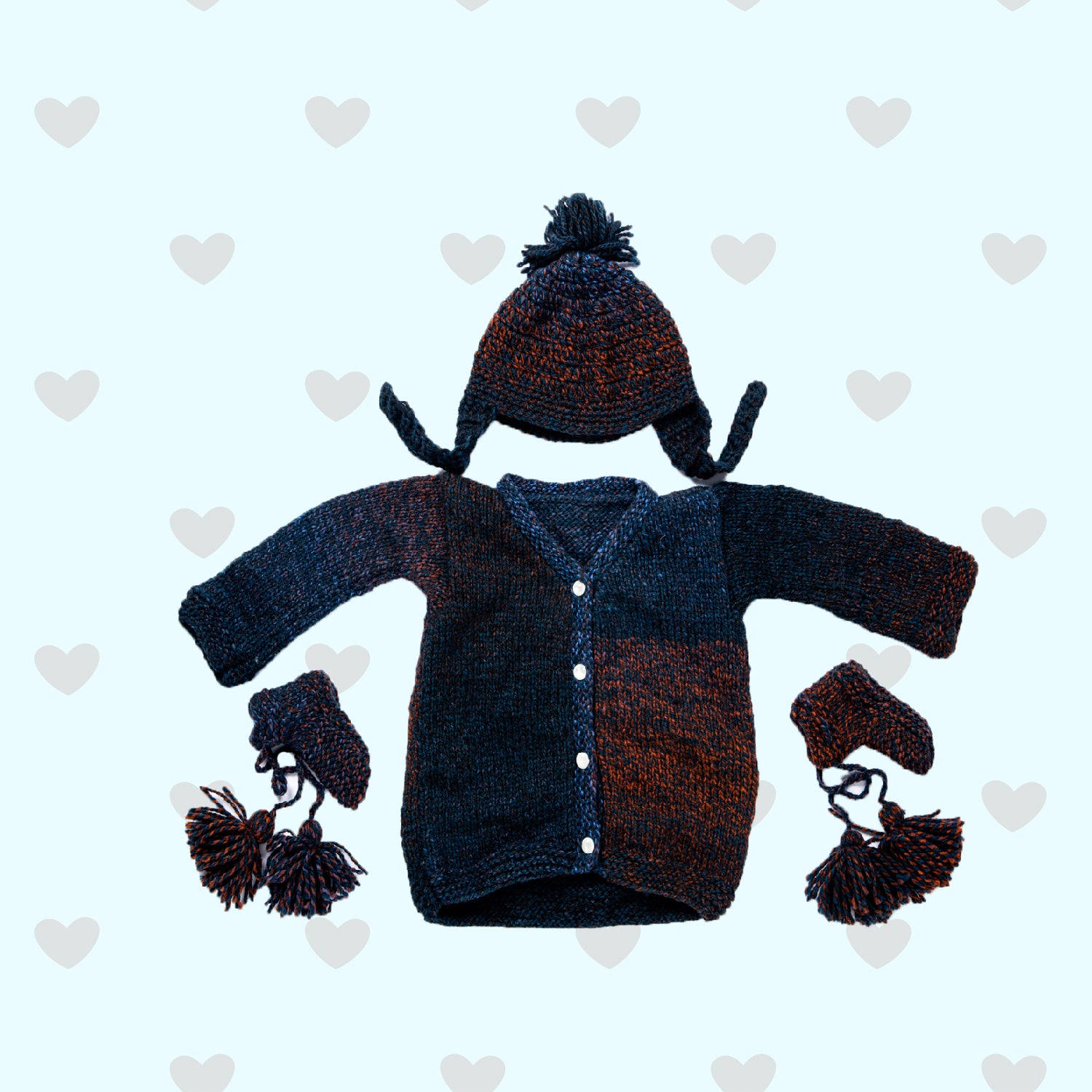 Indigo Blue and Red Woolen Sweater, Sock and Cap Set - Happy Cultures
